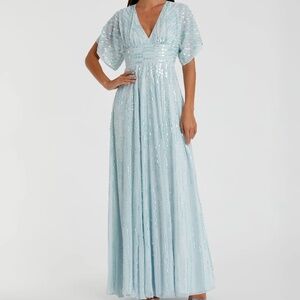 Mac Duggal Blue Embellished V Neck Evening Gown